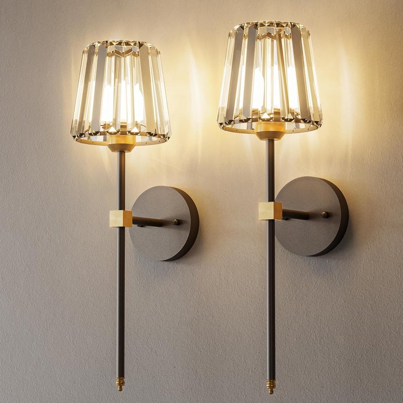 L.JUJAM Crystal Battery Operated Wall Sconces Set of 2, Black and Gold Rechargeable Wireless Wall Lights with Crystal Lampshade, 12 RGB and 3CCT Dimmable Wall Lamps with Remote for Bedroom Living Room Hallway - Image 1